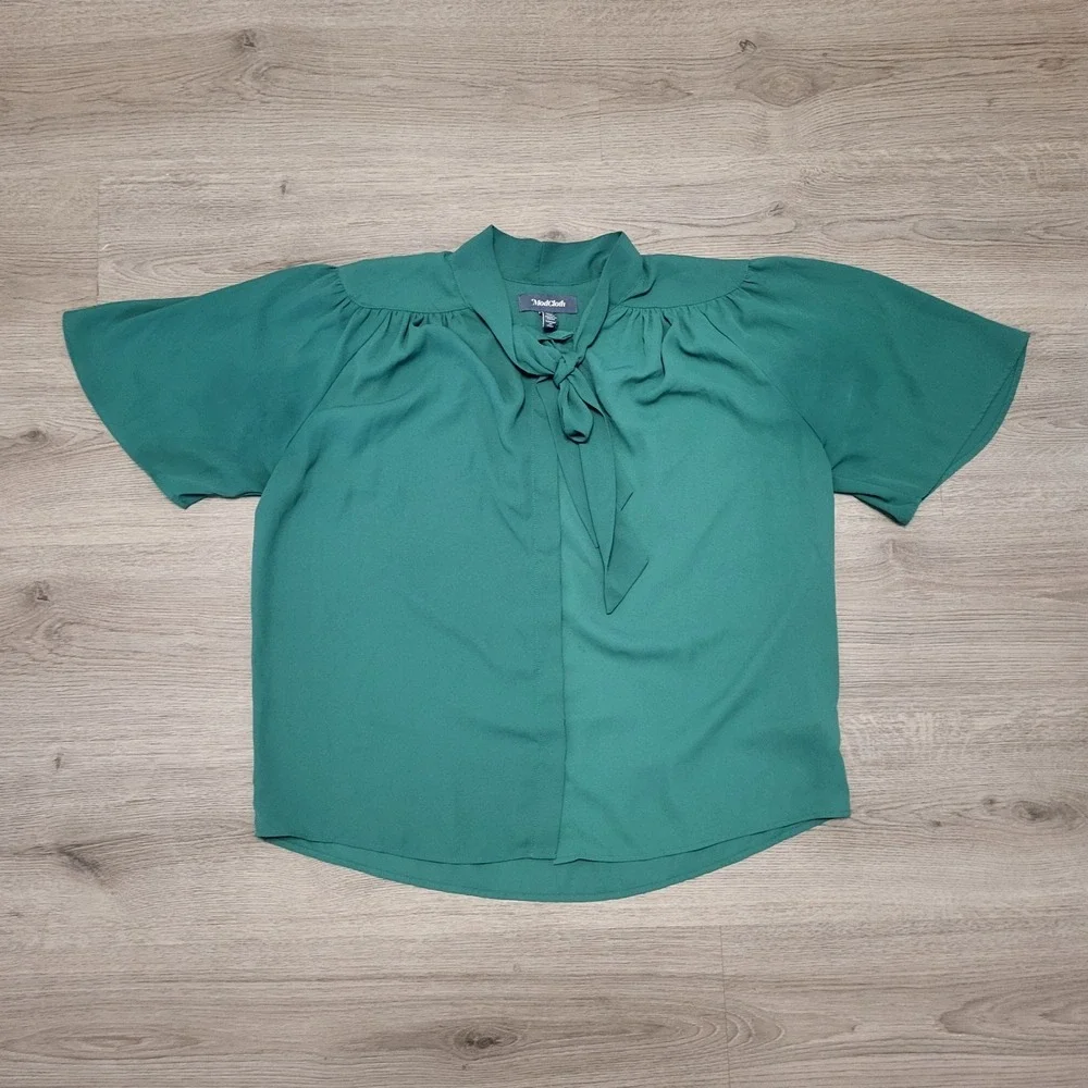 ModCloth Womens Emerald Green Tie Neck Flutter Sleeve Blouse Medium Retro Top - Picture 1 of 6